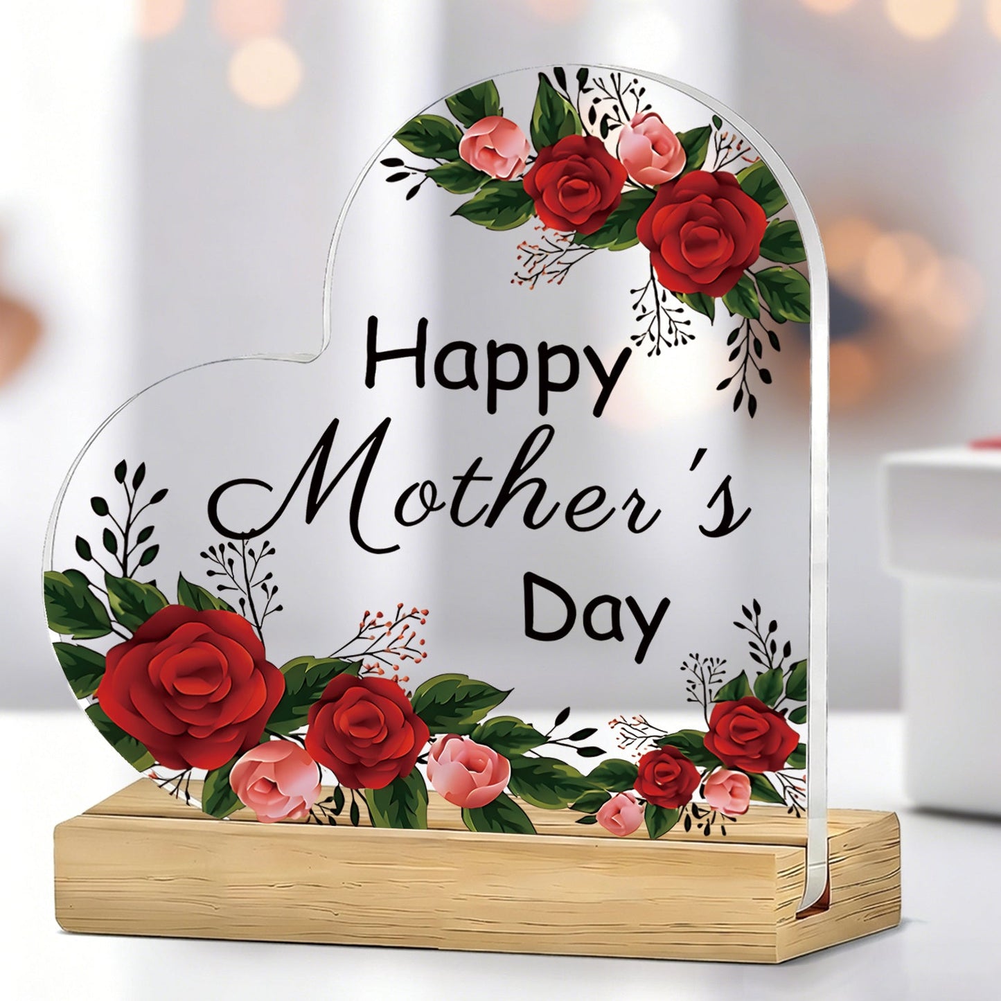Mother's Day Heart-Shaped Acrylic Sign with Floral Print, 10.8 cm Height and Freestanding Wooden Base