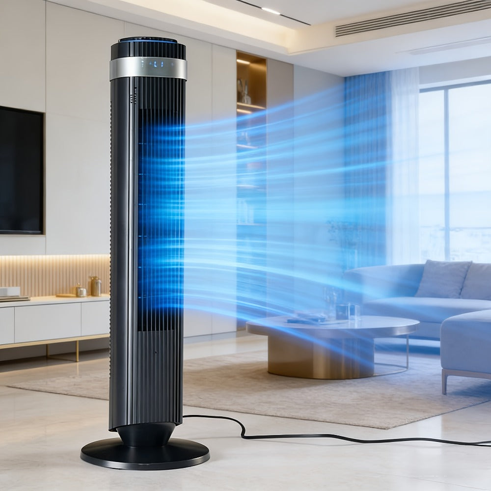 Floor-Standing Tower Fan with Circular LED Display, 7.68-Inch Base and Black, White or Gray Finish