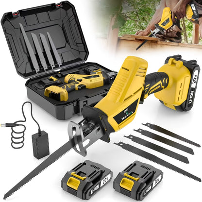 Electric Reciprocating Saw Cordless with LED Light & Safety Lock – Multi-Purpose Cutting Tool with Replaceable Blades, 1 or 2 Battery Options, Carrying Case Included