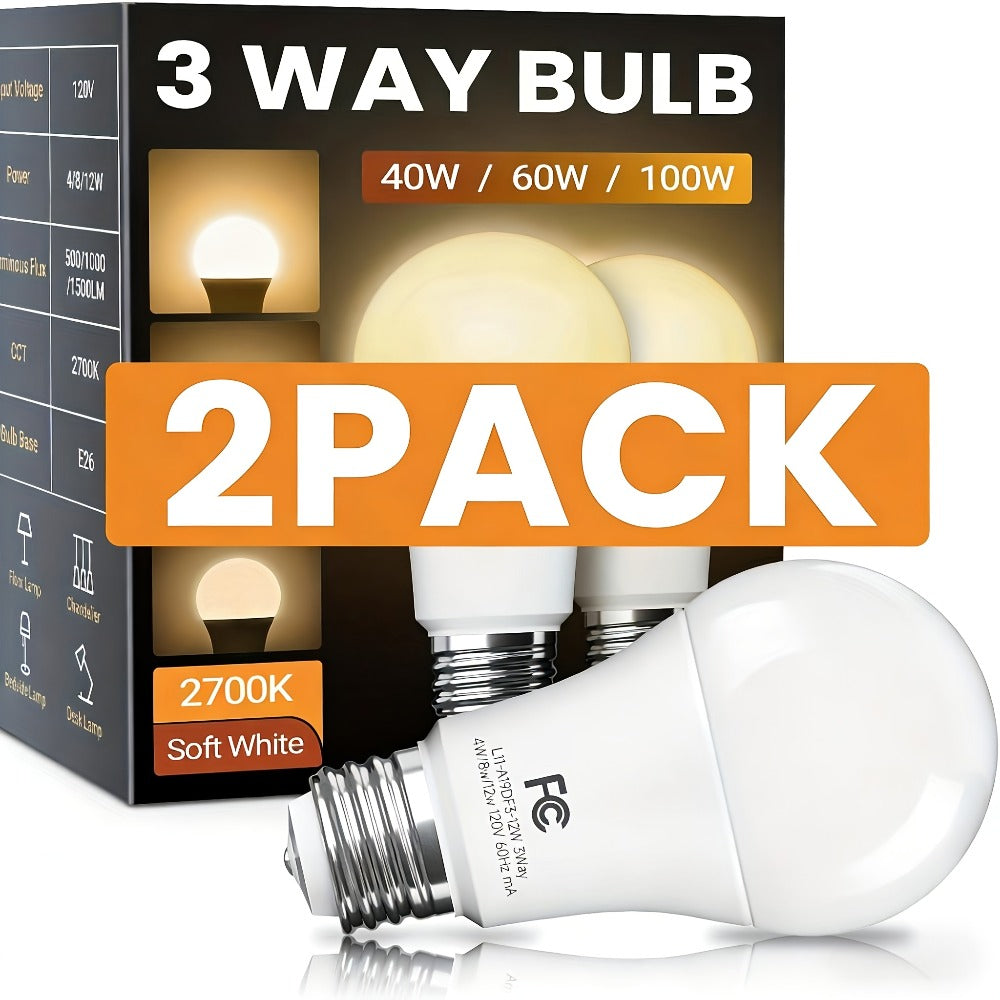 Three-Way A19 LED Light Bulbs with E26 Base and 1500 Lumens in 2700 K or 5000 K, Two or Four Packs