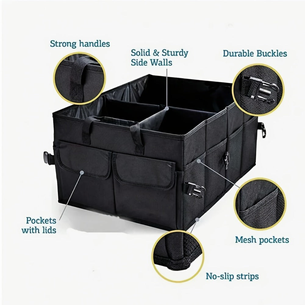 Car Trunk Storage Bag - Large Capacity Insulated Foldable Box with Handle for SUVs & Sedans, Sturdy Car Parts & Tools Organizer, Black