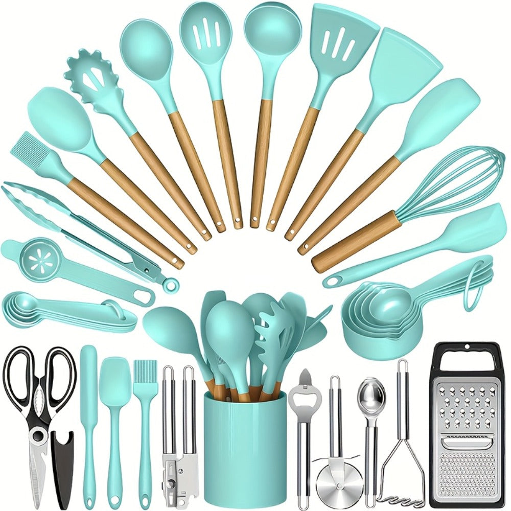 35- or 36-Piece Silicone Kitchen Utensil Set with Holder in Black, Pink or Red, with Optional Glass Cup