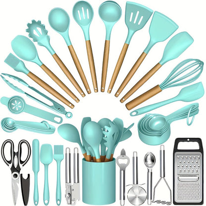 35- or 36-Piece Silicone Kitchen Utensil Set with Holder in Black, Pink or Red, with Optional Glass Cup