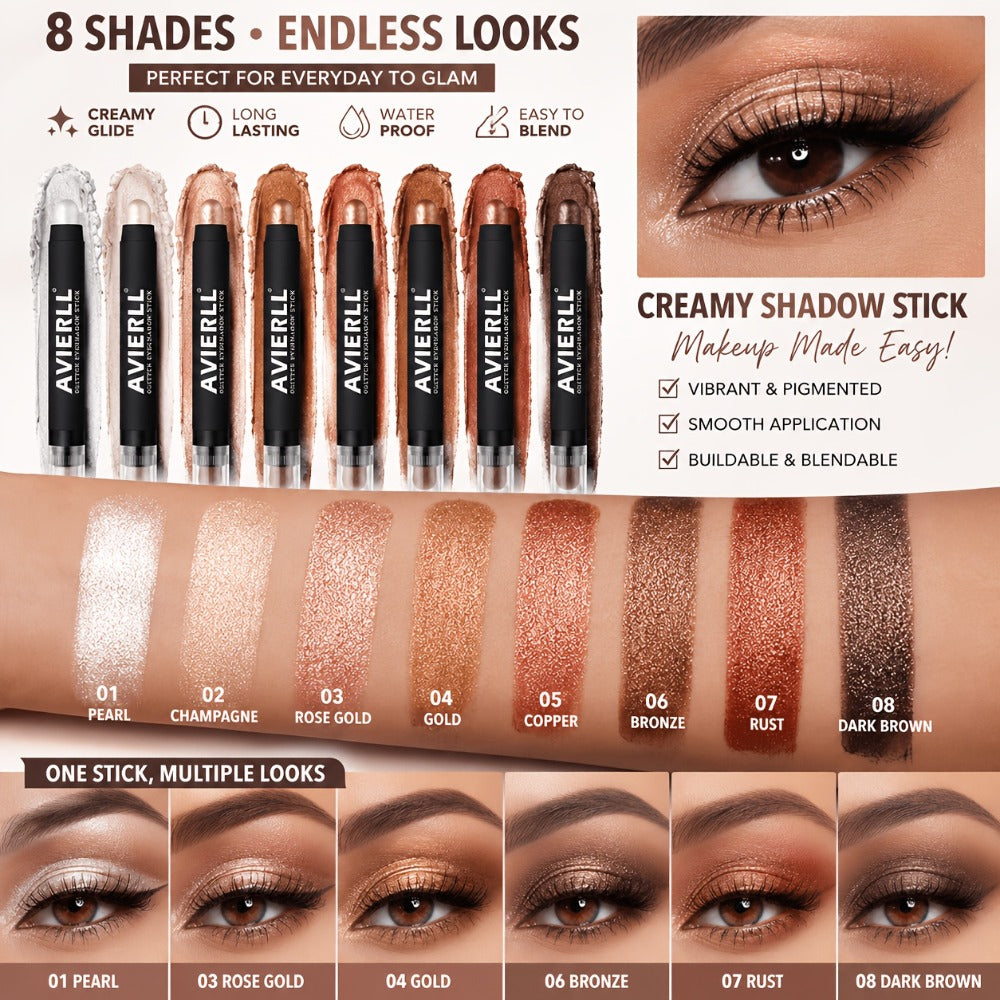 Waterproof Eyeshadow Stick Set 8 Piece – Shimmer, Pearlescent & Matte Eye Shadow Pencils, Creamy Blendable Formula, Long-Lasting Smoky Natural Glitter Eye Looks, Gift for Her