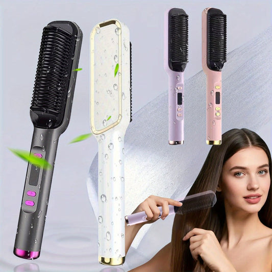 2-in-1 Hair Straightener & Curler LCD Display – 35-Second Fast Heat 4-Speed Temperature Anti-Scald Flat Iron Brush for Women with 2 Hairpins & Comb – White, Grey, Purple