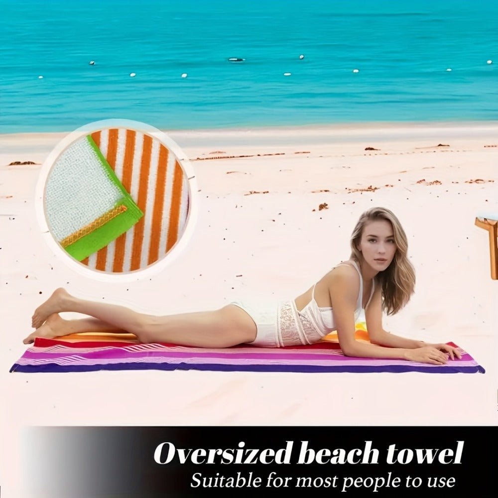 Oversized Rainbow-Striped Beach Towel, 67 x 35.4 Inches, Lightweight Design for Pool, Camping and Travel