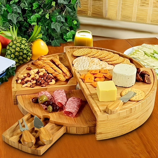 Bamboo Cheese Board Set with 2 Knives - Wood Charcuterie Platter Pizza Board Fruit Snack Serving Tray for Entertaining Housewarming Wedding Gift