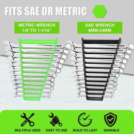 Magnetic Wrench Organizer Rack 4-Pack Tool Tray for SAE 1/4"-1-1/16" and Metric 6mm-24mm Wrenches PE Magnetic Backing for Toolbox Cabinet Steel Surface Storage