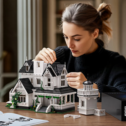 Building Block Set Owen's House with 1877 Pieces, Three-Level Tower, Porch, Conservatory and Lighting