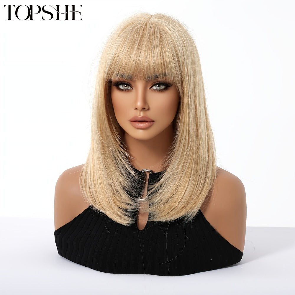 Synthetic Wig 14-Inch Golden Layered Straight Style with Full Bangs and Glueless Rose Net Cap