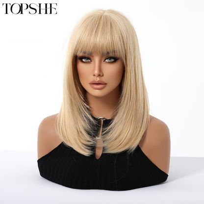 Synthetic Wig 14-Inch Golden Layered Straight Style with Full Bangs and Glueless Rose Net Cap