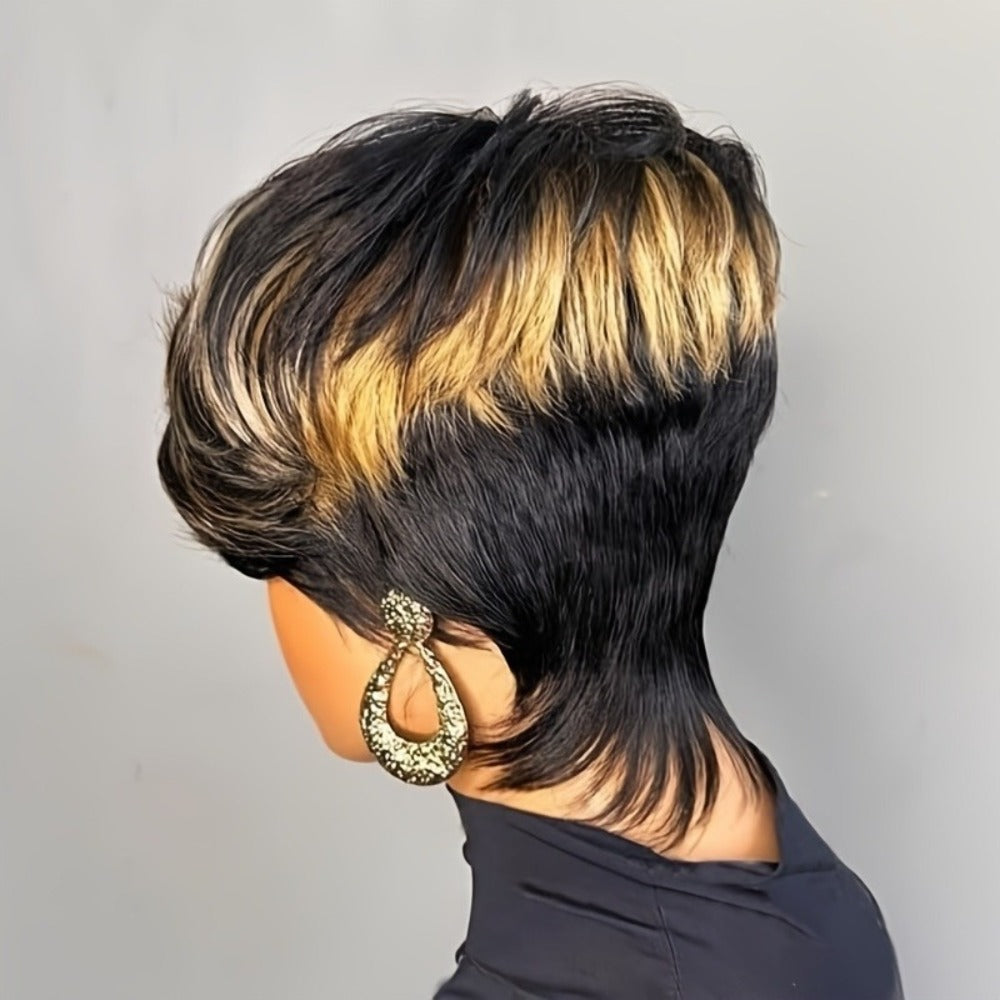 Short Pixie Cut Wig with Bangs Black Blonde Layered 4 Inch Rose Net Cap | Brown Blonde Mix Synthetic Wig for Black Women Daily Wear Office Party