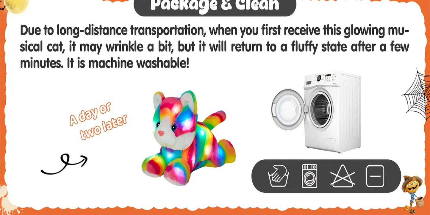 Glowing Rainbow Cat Stuffed Animal Plush Toy — Colorful LED Light Up Musical Soft Plush Kitten Doll for Kids Girls Boys | Birthday Christmas New Year Party Gift | Room & Party Decor