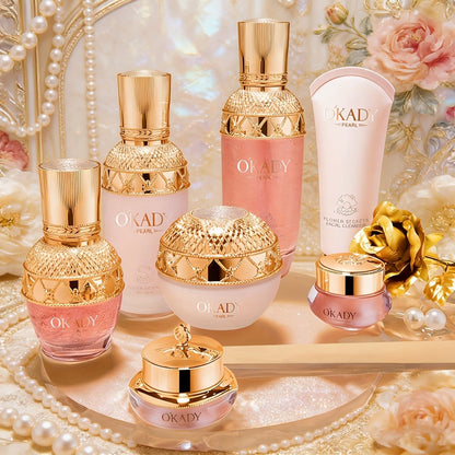 7-Piece Pearl-Themed Skincare Gift Set with Coordinated Facial-Care Bottles and Jars in a Fitted Box