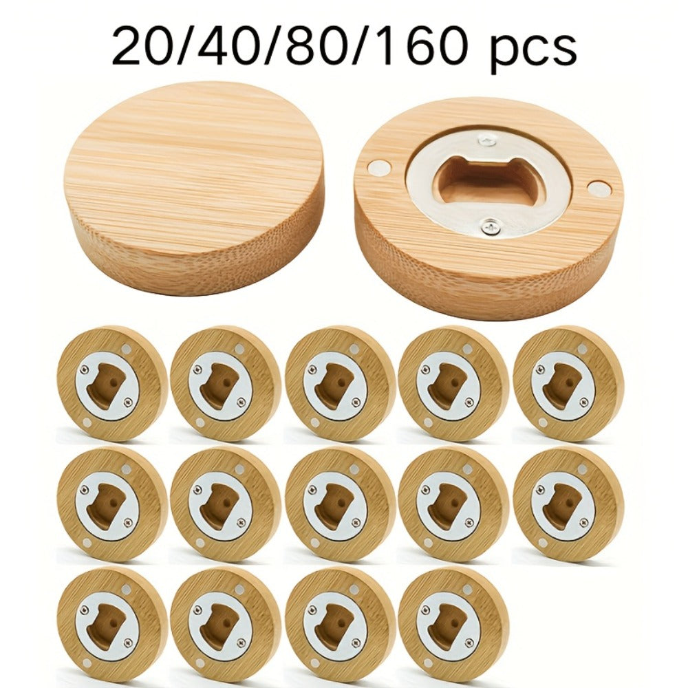 Round Bamboo Magnetic Bottle Openers in 20-, 40-, 80- or 160-Piece Packs for Party Favors and Gift Sets