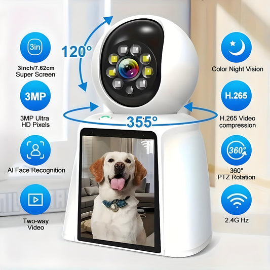 Pet Camera with 3-Inch Screen 1080P WiFi Indoor Home Security Camera for Baby & Kids Monitor, Video Calling, Two-Way Talk, 24/7 Recording & Motion Sensor Detection – Cat Dog Smart Surveillance with Speaker