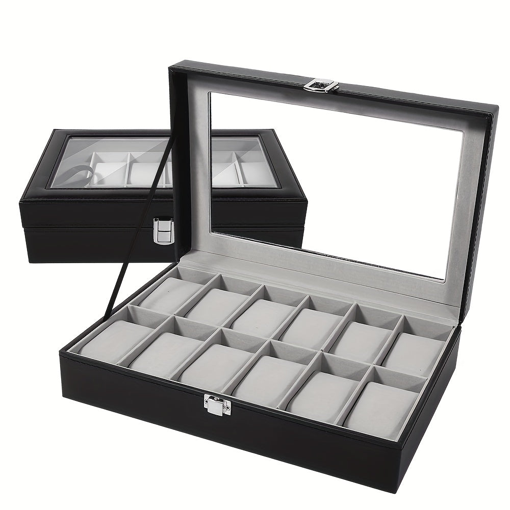 Black and Gray 12-Slot Watch Box with Glass Display Lid, Removable Pillows and Metal Clasp