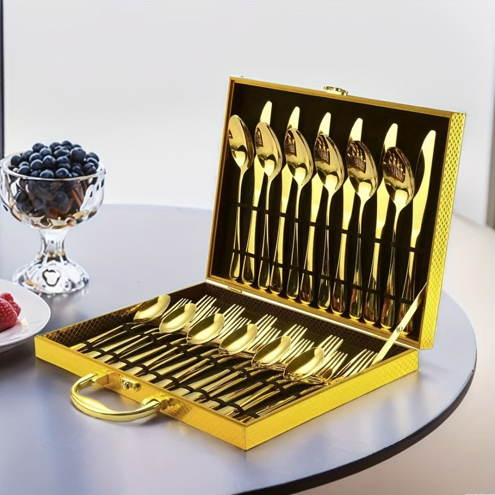 Thirty-Piece Gold-Tone Flatware Set for Six with Five-Piece Place Settings and Fitted Presentation Case