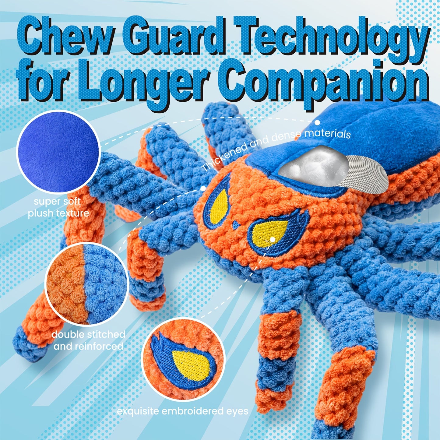 Squeaky Spider Dog Toy - Interactive Crinkle Tug of War Plush Dog Toy with Squeaker Head & Flexible Legs, Durable Large Dog Toys to Keep Dogs Busy, No Battery Needed, Red & Blue Spider Styles