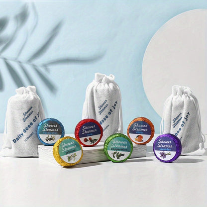 Eighteen Individually Wrapped Shower Steamers with Six Fragrance Labels and 30 g Tablet Packaging