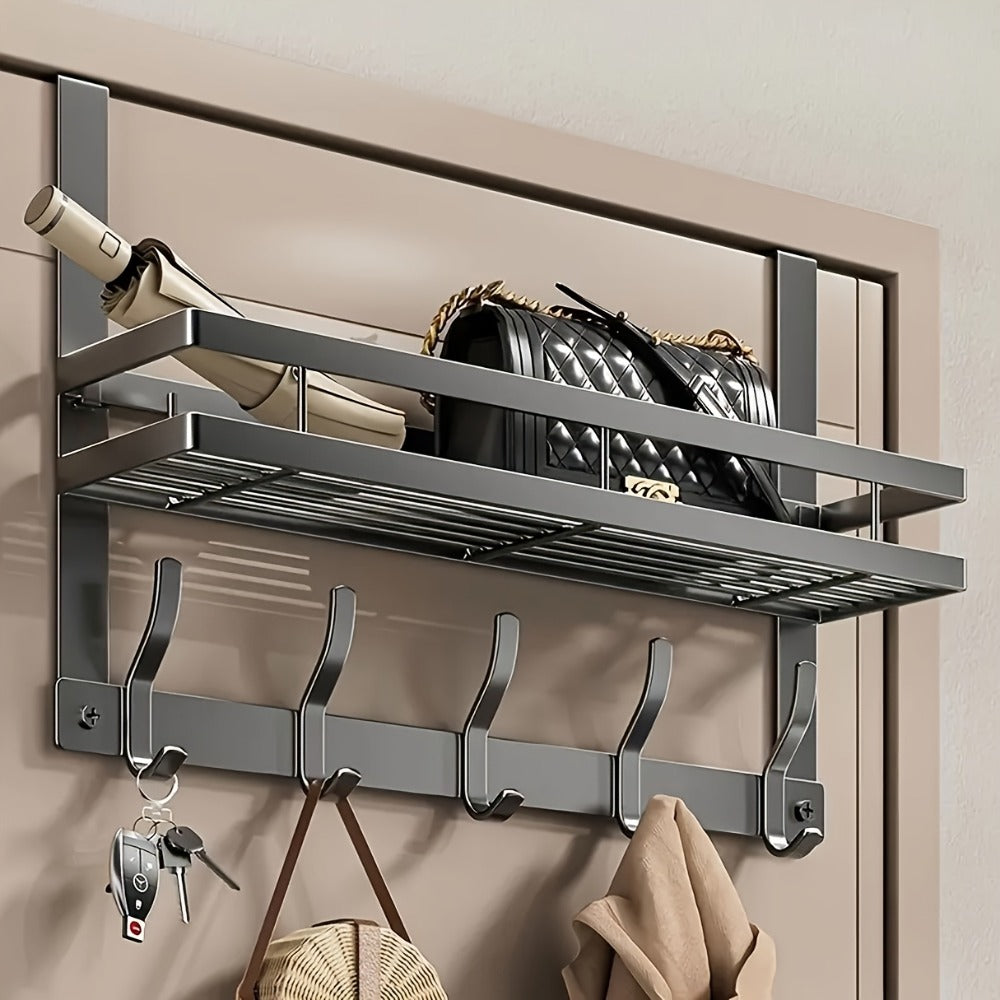 Over-the-Door Storage Rack with Hooks – Metal Multifunctional Organizer for Bedroom Bathroom Kitchen, 4/5/6/8 Hook Options in Gray & Black