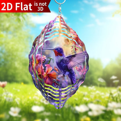 Ten-Inch Hummingbird Garden Wind Spinner with Flat Kinetic Metal Design and Multicolor Floral Artwork