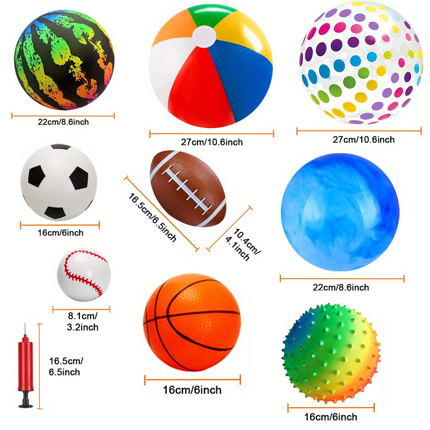 Nine-Piece Kids Playground Ball Set with Air Pump and Assorted Indoor or Outdoor Sports Ball Designs