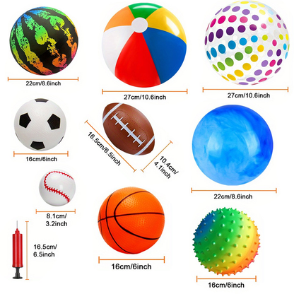 Nine-Piece Kids Playground Ball Set with Air Pump and Assorted Indoor or Outdoor Sports Ball Designs