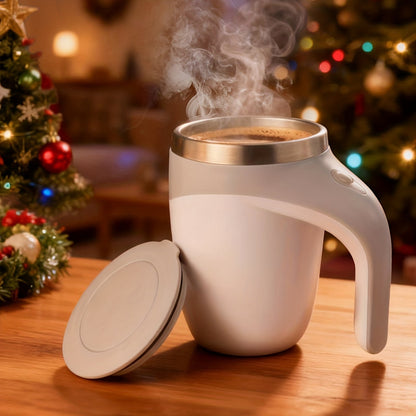 White Self-Stirring Coffee Mug with Magnetic Mixing Piece, Side Button, Lid and 250ml Marking