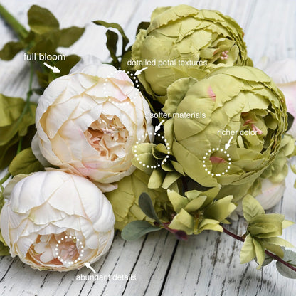 Artificial Flowers Vintage Peony and Hydrangea Bouquet in Beige and Green for Wedding and Home Decor