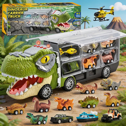 Dinosaur Truck Toy Set 13 PCS – Transport Carrier Truck with Lights & Sounds + 8 Pull-Back Cars + 3 Die-Cast Dino Vehicles + Helicopter | Friction Powered Dinosaur Toy for Boys Ages 3+ | Best Birthday Christmas Gift