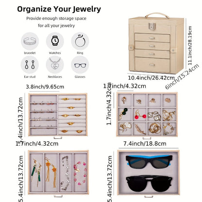 Large Jewelry Box 5-Tier PU Leather Organizer with Lock & Mirror – Storage Case for Bracelets, Earrings, Rings & Necklaces
