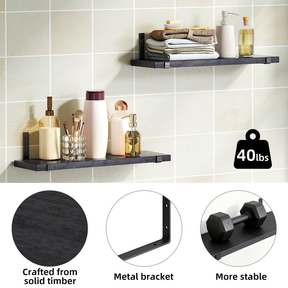 Five-Piece Rustic Floating Shelf Set with Black Metal Brackets in Light Brown, Dark Brown or Black-Gold Finishes