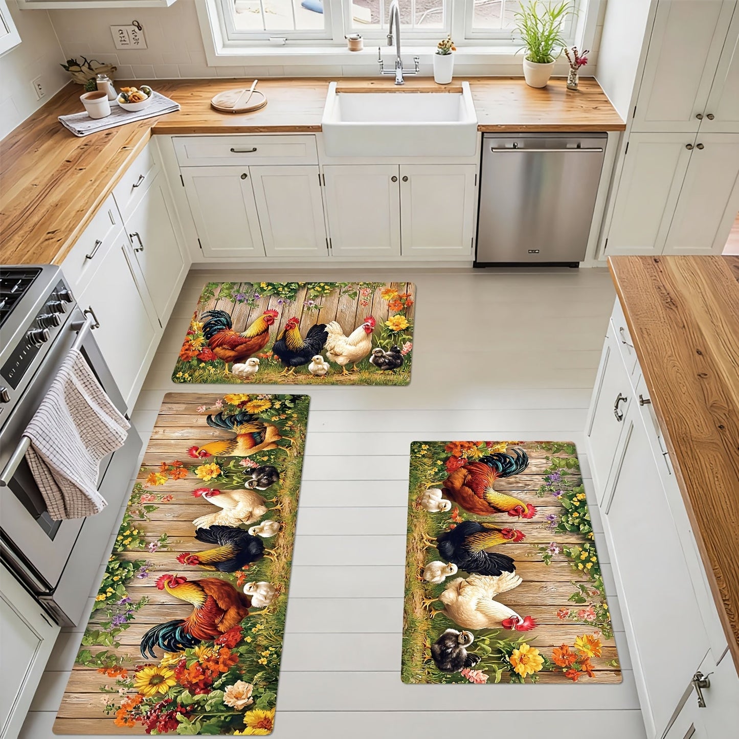 Rooster Farmhouse Kitchen Rugs in Round, Runner and 1- to 4-Piece Mat Set Size Options for Floors