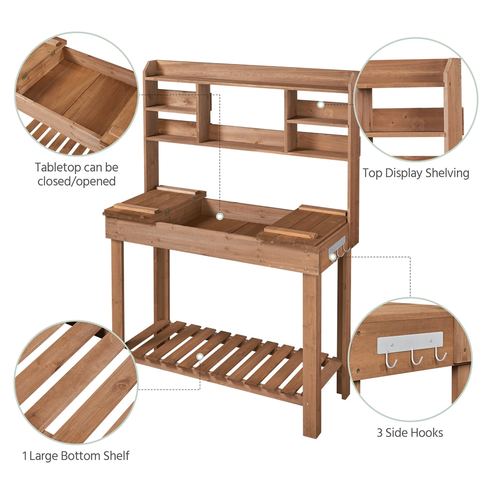 Potting Bench Table Fir Wood Iron Frame Switchable Top Integrated Sink 3-Tier Display Rack Storage Shelf Hanger Waist-High Garden Workstation Outdoor Brown