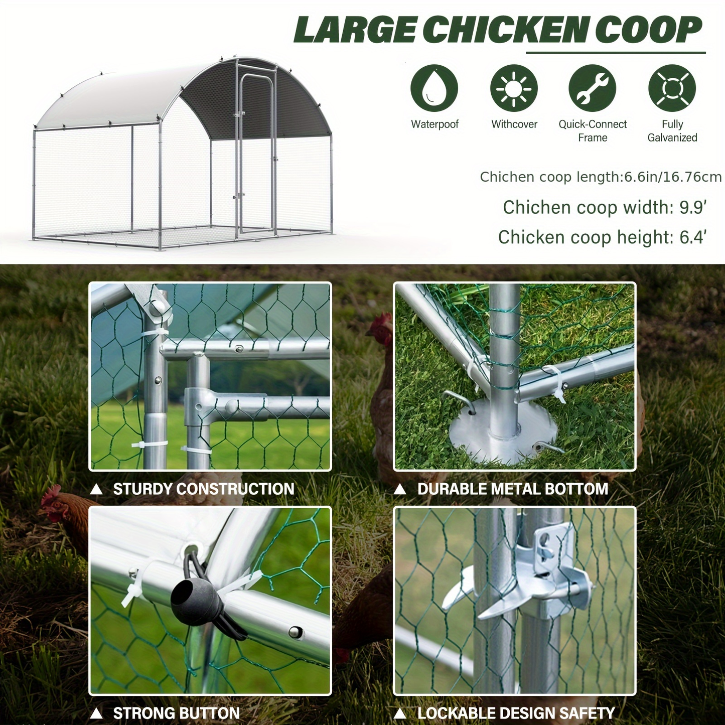 Walk-in Chicken Pen Large Metal Outdoor Poultry Enclosure Waterproof UV-Resistant Cover Heavy-Duty Yard Cage for Chickens Ducks Rabbits 3 Sizes Available