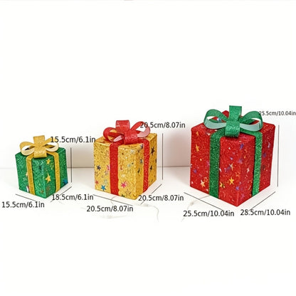 Three-Piece Lighted Gift Box Decoration Set with LED String Lights, Bow Handles and Four Holiday Style Options