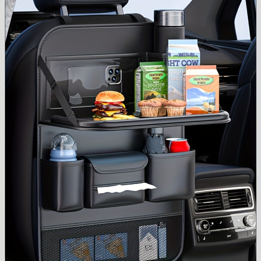 Car Seat Back Organizer PU Leather - Foldable Dining Table, Cup Holder, Multi-Pocket Storage Bag, Universal Fit Back Seat Travel Organizer for Kids & Passengers, 1pc or 2pc Set