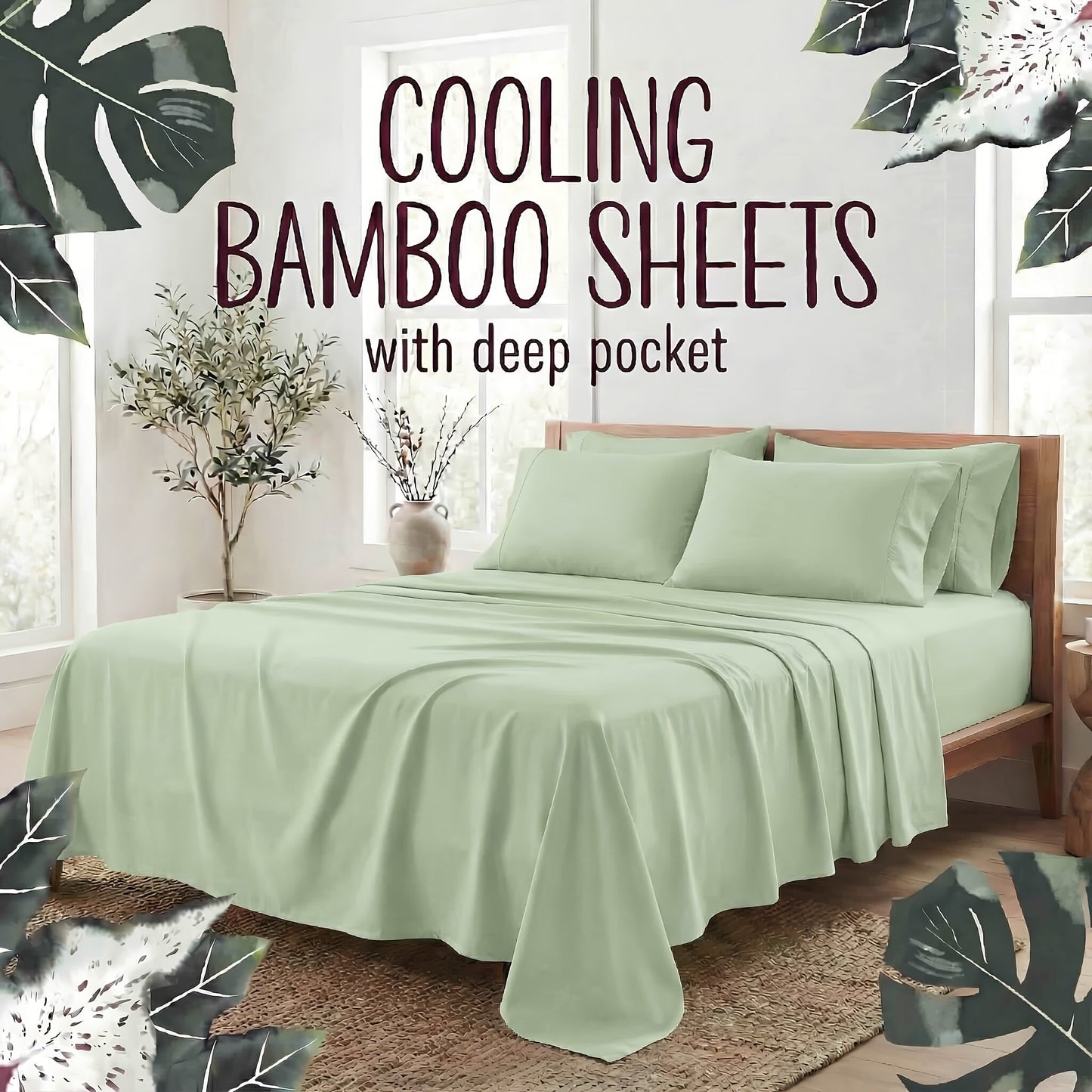 Bed Sheet Set 4-Piece Bamboo Fiber with Deep-Pocket Fitted Sheet, Four Sizes and Twelve Color Options