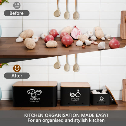 Vegetable Storage Box Set 3 Piece – Potato Onion Garlic Organizer Canisters with Flip-Top Lid, Metal Pantry Kitchen Food Storage Containers