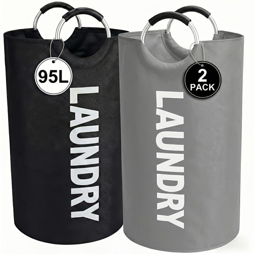 Two-Piece 95L Foldable Laundry Hamper Set with Ring Handles in 12 Solid or Mixed Color Options