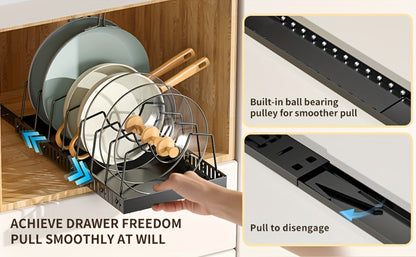 Pull-Out Pot and Pan Organizer with Sliding Cabinet Base, Eight Adjustable Dividers and One- or Two-Pack Options