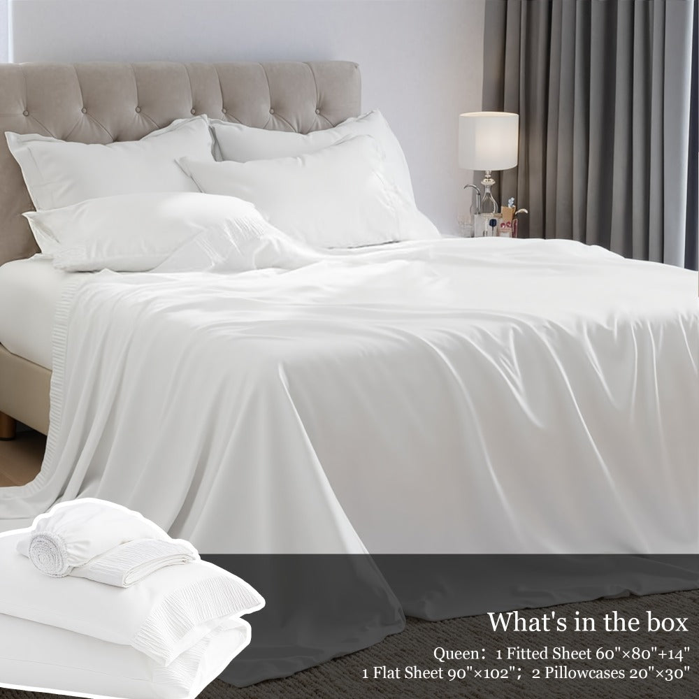 Sheet Set, Four-Piece Solid-Color Bedding with Deep-Pocket Fitted Sheet, Flat Sheet and Two Pillowcases