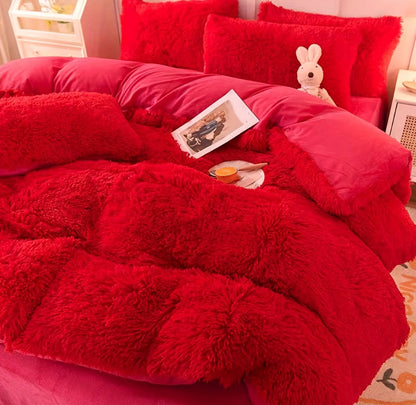 Plush Four-Piece Duvet Cover Set with Bed Sheet, Two Pillowcases, Queen or King Size and Eight Colors
