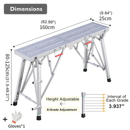 Adjustable Folding Scaffolding Work Platform, Portable Drywall Bench Step Ladder with Anti-Slip Feet & Safety Lock
