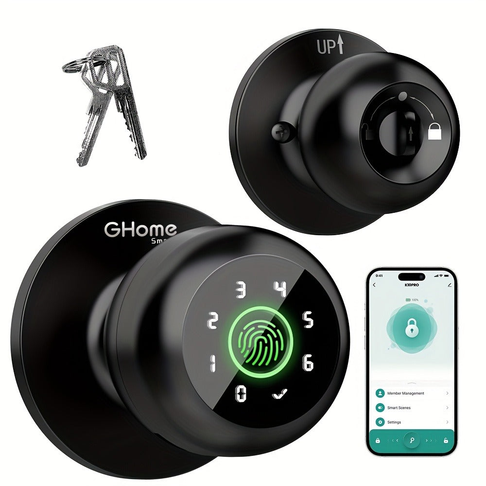 GHome Smart Lock Knob with Fingerprint & Keypad - USB-C Rechargeable, App-Controlled Keyless Entry, Auto-Lock, Passage & Privacy Mode, K10 / K10 PRO / K20 / KD03 PRO, for Home Bedroom Office