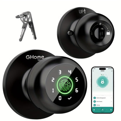 GHome Smart Lock Knob with Fingerprint & Keypad - USB-C Rechargeable, App-Controlled Keyless Entry, Auto-Lock, Passage & Privacy Mode, K10 / K10 PRO / K20 / KD03 PRO, for Home Bedroom Office