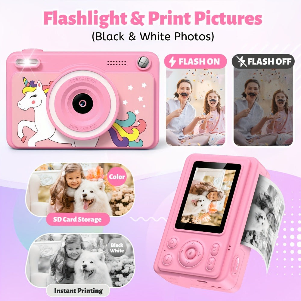 Kids Instant Print Camera with Cartoon Unicorn or Dinosaur Design, Paper Rolls, Color Pens and Four Color Options