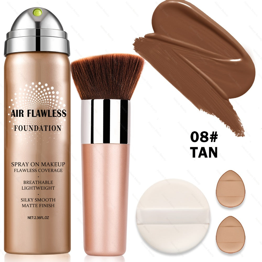 Spray Liquid Foundation and Flat-Top Brush Set with Matte Finish and Eight Numbered Shades