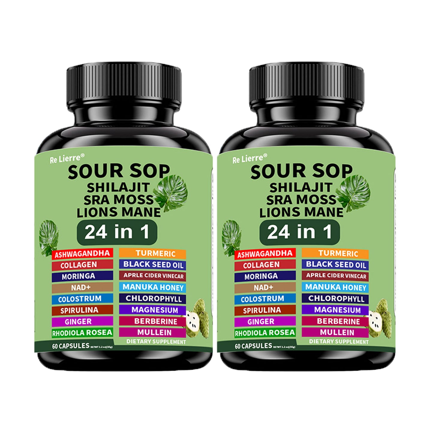 Dietary Supplement Sea Moss 24-in-1 Capsules with Soursop, Lion’s Mane and Shilajit, One or Two Bottles